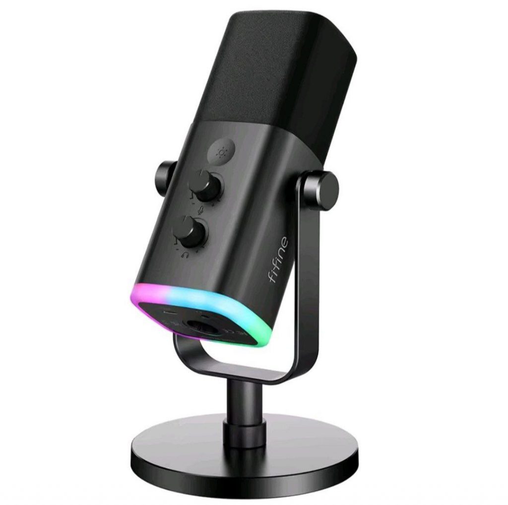 Microfone dinâmico Fifine Ampligame AM8 XLR/USB para gravação podcast, mic streaming para PC, RGB, botão mudo, conector para fones ouvido, suporte de mesa
