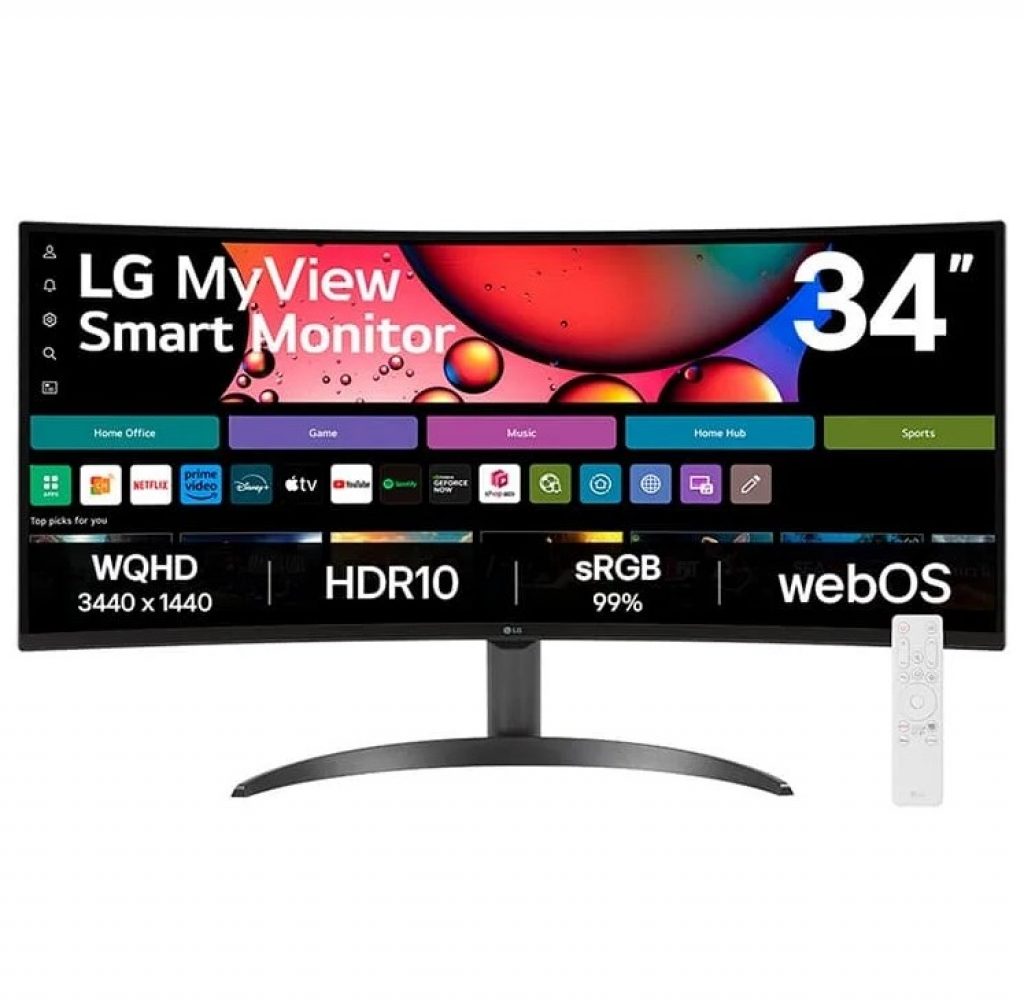 Monitor LG MyView Smart 34″ Curvo WQHD, WebOS, ThinQ Home, Air Play, USB e HDMI, Bluetooth, Com Controle Remoto, Preto – 34SR60QC-B