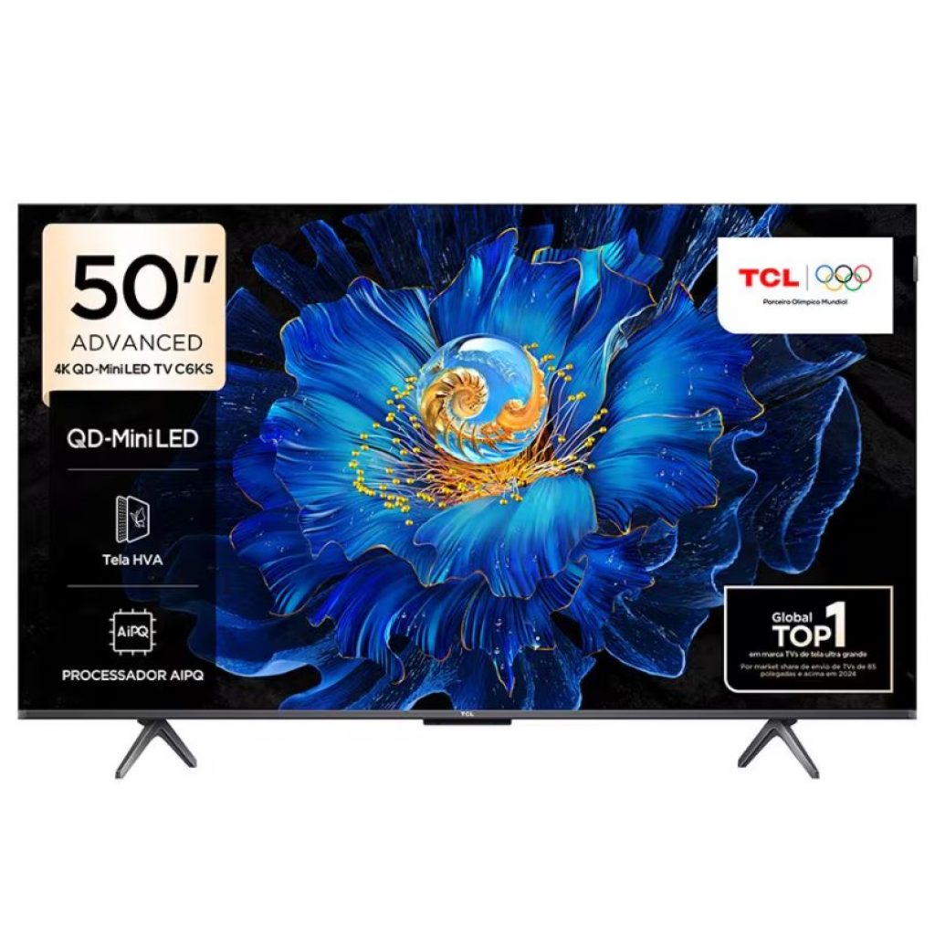 Smart TV 50″ TCL 50C6KS 4K QD-Mini LED com Sistema Operacional Google TV, Dolby Vision, Atmos, HDR10+, ALLM, HDMI 2.1 e Comando de voz