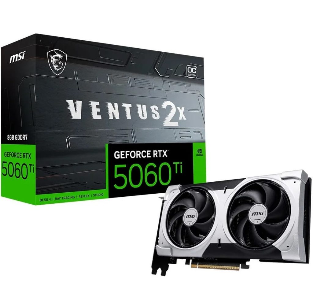 Placa de Vídeo MSI RTX 5060 Ti 8G VENTUS 2X OC PLUS NVIDIA GeForce, 8GB GDDR7, 128-bit, 2617 MHz, FP4 e DLSS 4, Ray Tracing – G506T-8V2CP