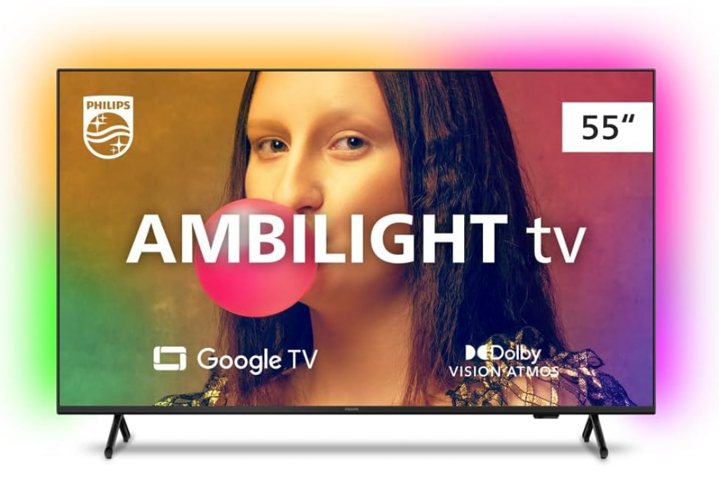 Smart TV Philips Ambilight 55″ 4K 55PUG7908/78, Google TV, Comando de Voz, Dolby Vision/Atmos, VRR/ALLM, Bluetooth
