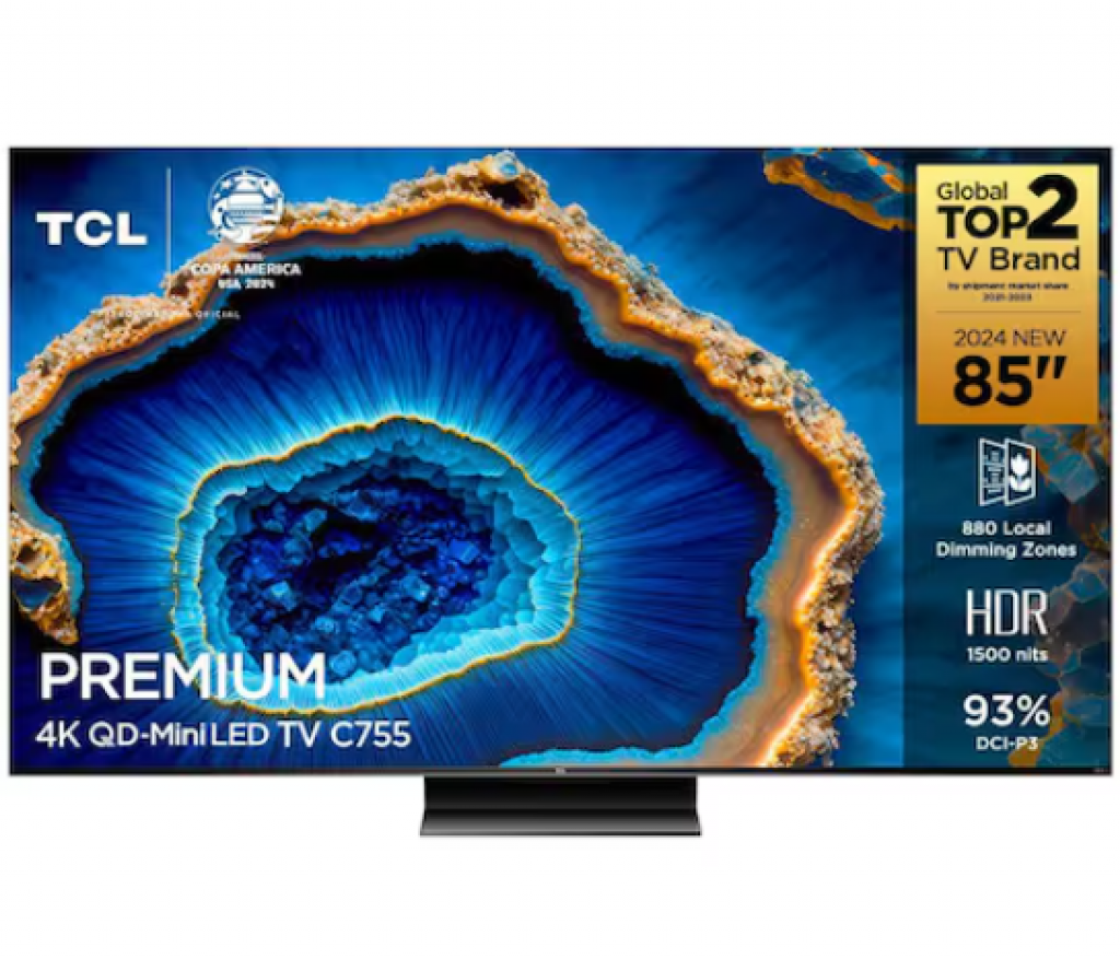 Smart TV 85″ 4K UHD QD-Mini LED TCL C755 QLED PRO 120Hz HDR10+ 1500 nits IMAX Enhanced Dolby Vision IQ & Atmos Wi-Fi Bluetooth 4 HDMI 2 USB Som ONKYO DTS: X Google TV Game Mode FreeSync Premium Pro – 85C755