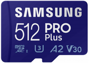 Cartão de memória microSD PRO Plus Samsung + adaptador, 512 GB microSDXC, até 180 MB/s, Full HD e 4K UHD, UHS I, C10, U3, V30, A2, para smartphones Android, tablets, GoPro e drone DJI (MB MD512SA/AM)