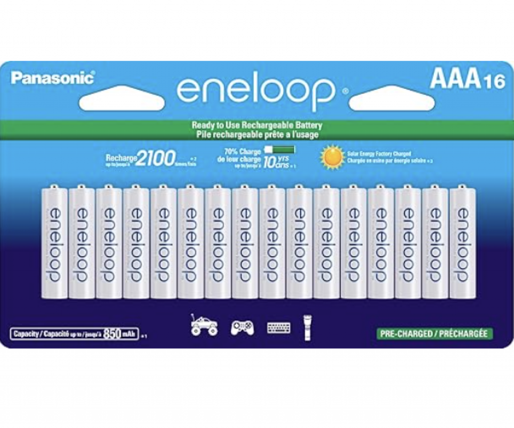 Pilhas recarregáveis pré-carregadas Ni-MH eneloop AAA 2100 ciclos Panasonic BK-4MCCA16FA, pacote com 16