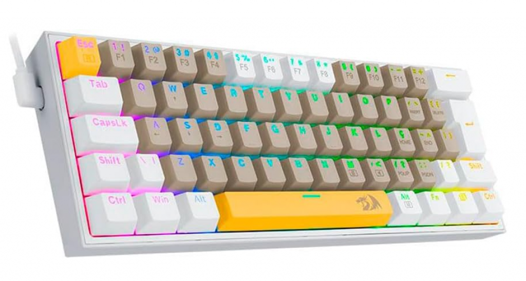 Teclado Mecanico Gamer Redragon Fizz RGB Amarelo Branco e Cinza Switch Marrom – K617RGB-YL GY WT (PT-BROWN)
