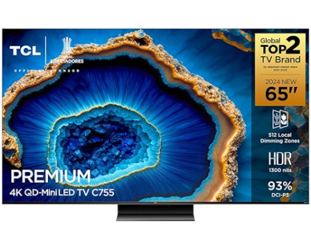 Smart TV 65″ QLED 4K TCL Mini LED 120Hz 65C755 com Processador AIPQ, Google TV, HDR10+, Wi-Fi, Bluetooth, Google Assistente, Dolby Vision e Atmos
