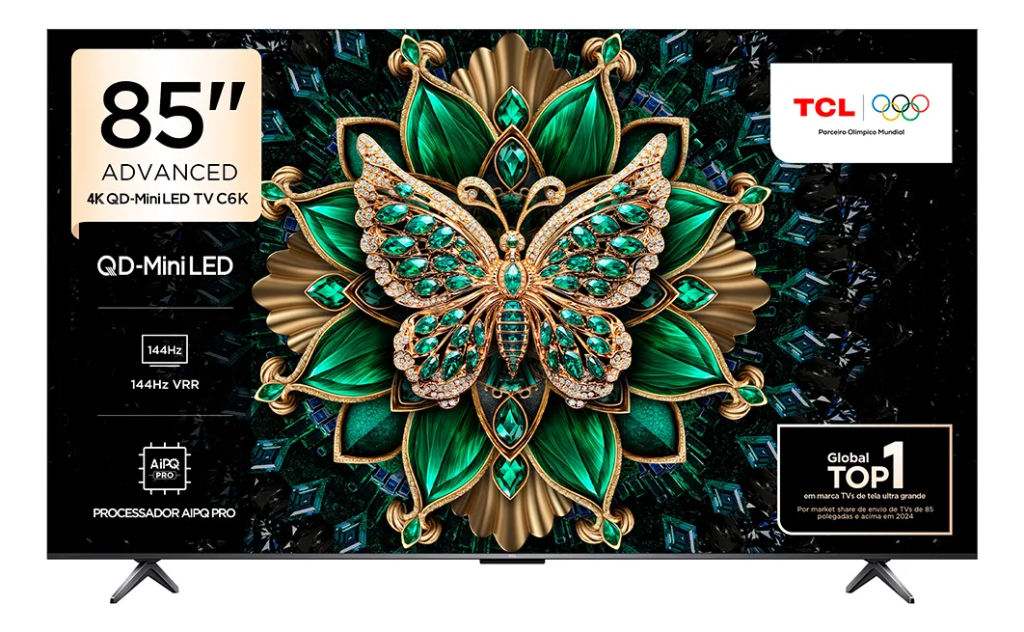Smart TV 85″ TCL 4K UHD QD-MiniLED C6K 144Hz Processador AIPQ Pro, Google Assistente, Subwoofer – 85C6K