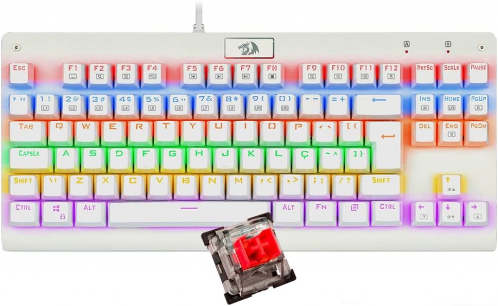 Teclado Mecânico Gamer Redragon Dark Avenger, Rainbow Switch Red, Branco Lunar White – K568W-RGB PT-RED
