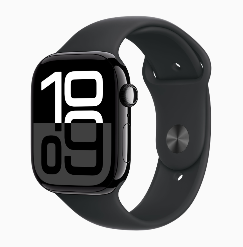 Apple Watch Series 10 GPS • Caixa preta brilhante de alumínio – 46 mm • Pulseira Esportiva preta – M/G