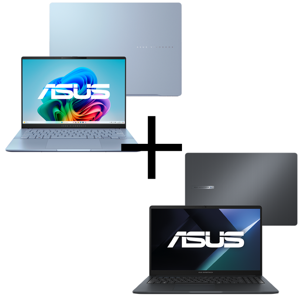 Combo Notebook ASUS Vivobook S 14, OLED 14″ 2,8K 120Hz 0,2ms, 600 nits (pico), Intel Ultra 7 256V, 16/512GB, W11 – S5406SA-PP218W Mist Blue + Notebook ASUS ExpertBook B1, 15″ FHD IPS, Intel i3, 8/512GB, ABNT2 – B1503CVA_BR-S70003 Gentle Grey