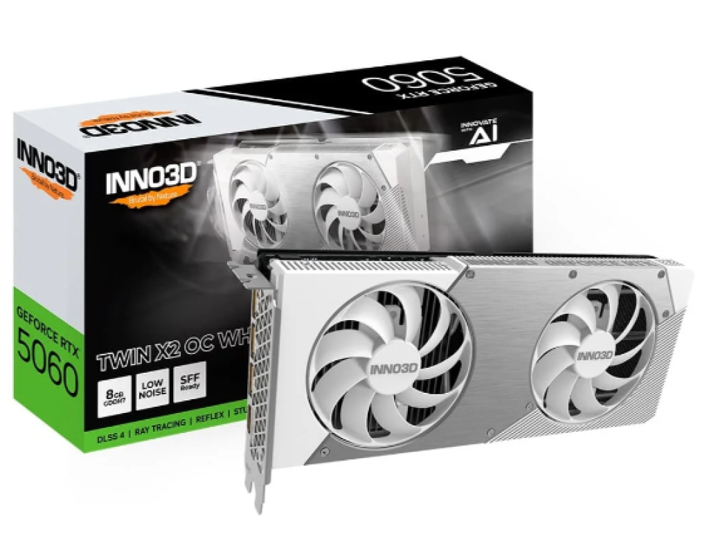 Placa de Video Inno3D RTX 5060 Twin X2 OC White NVIDIA Geforce, 8GB GDDR7, 2527MHz, 128bits, DLSS 4, Ray Tracing – N50602-08D7X-195070W
