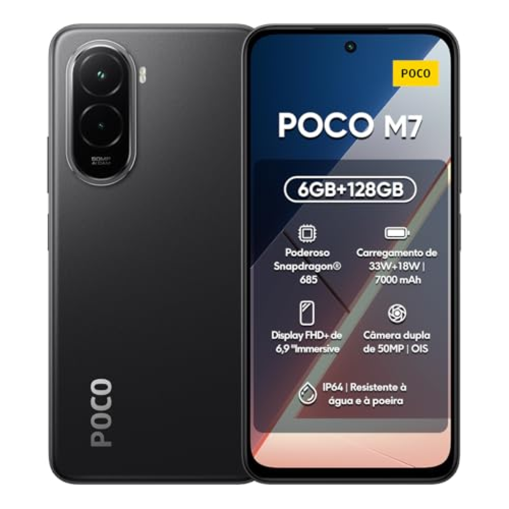 Smartphone Xiaomi POCO M7 4G NFC 6GB/128GB Snapdragon 685 6,9″ FHD+ 144Hz Bateria 7000mAh 33W 50MP IP64 HyperOS 2 – Versão Global