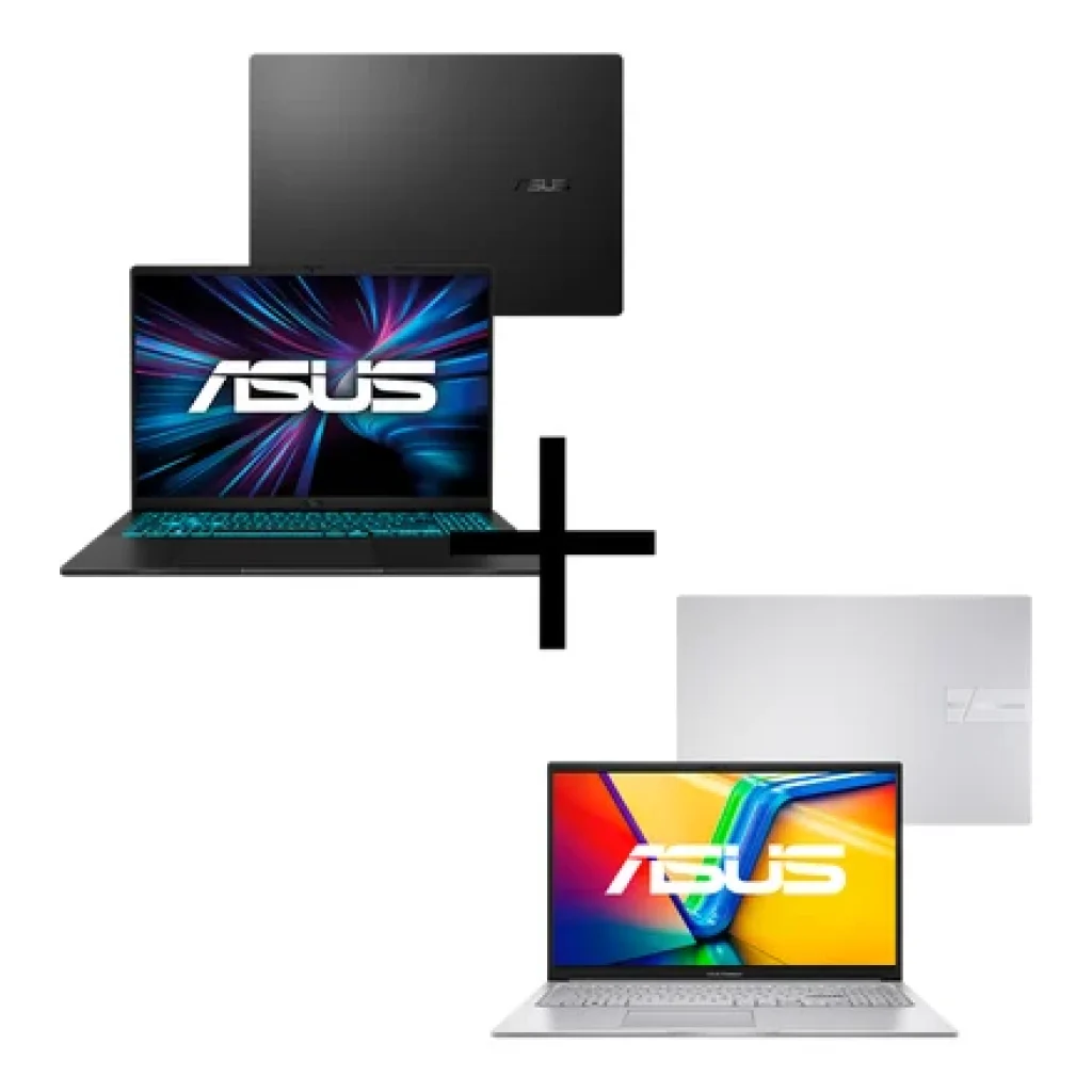 Combo Notebook ASUS V16, 2025, Intel Core 5 210H, NVIDIA RTX 4050 6GB, 16GB RAM, 512GB SSD, Windows 11, 16″ 144Hz FHD, Matte Black – V3607VU-RP306W + Notebook ASUS Vivobook 15 – i5-1334U, 8/256 GB, 15,6″ FHD – X1504VA-NJ1739