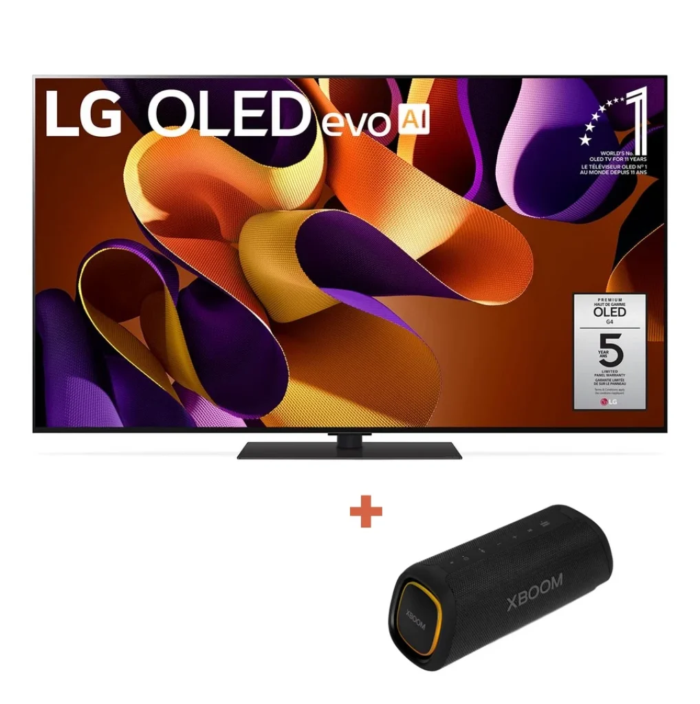 Combo Smart TV 4K 55″ LG OLED evo G4 Processador α11 IA Painel 144Hz Intensificador de Brilho Máximo Design Onewall Dolby Vision Dolby Atmos – OLED55G4PSA + Caixa de Som LG XBOOM 40W RMS – XG7S