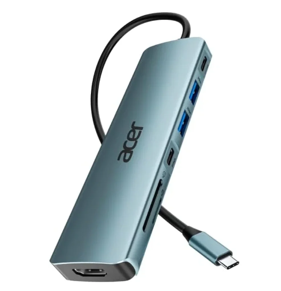 HUB USB Acer 7 em 1, com cabo Tipo-C, Chassi em alumínio e cabo de plástico flexível resistente – ODK360