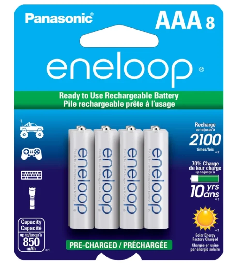 Pilhas Recarregáveis Eneloop Panasonic AAA 2100 Ciclos Ni-MH Baterias Pré-Carregadas, (8 Unidades)- BK-4MCCA8BA
