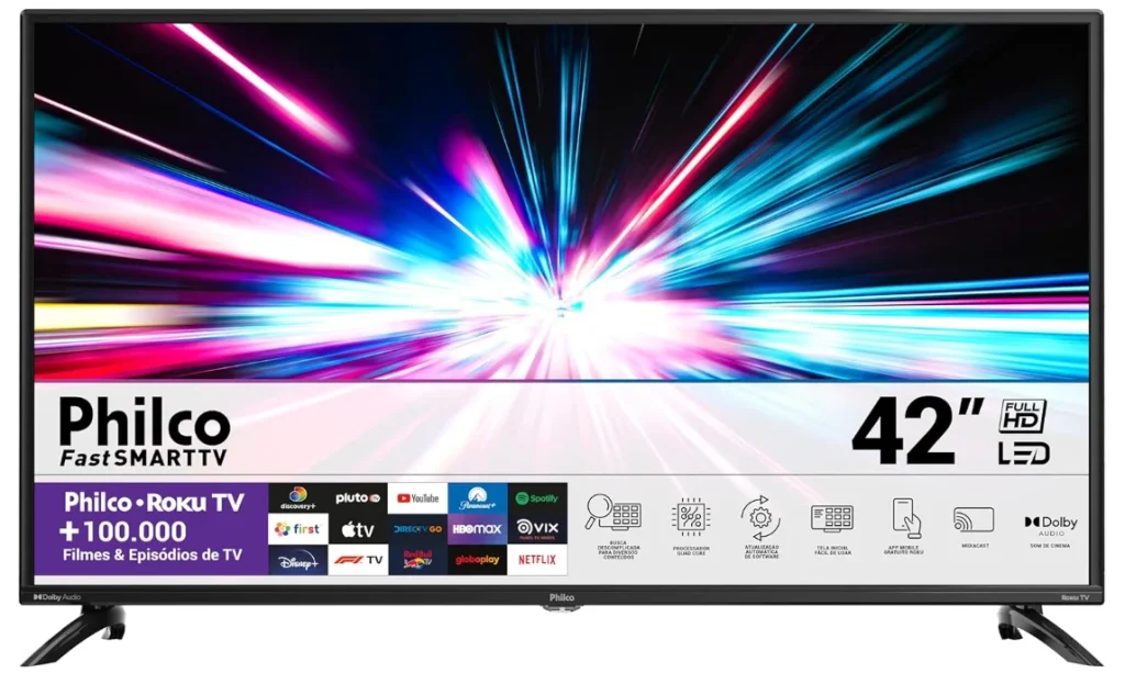 Smart TV LED 42” Full HD Philco com Processador Quad Core, Dolby Audio, Surround, Wi-Fi, Mídia Cast, App Controle, HDMI e USB – PTV42G6FR2CPF
