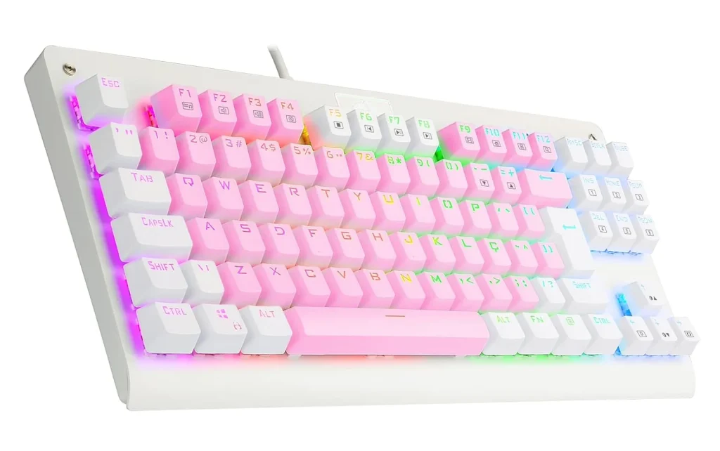 Teclado Mecanico Gamer Redragon Dark Avenger TKL Rainbow Rosa Com Branco Switch Marrom ABNT2