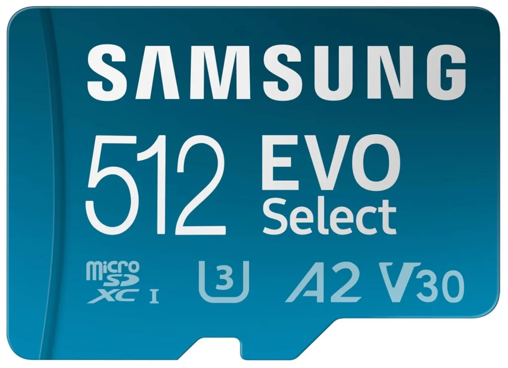Cartão de Memória SAMSUNG EVO Select 512 GB microSD A2 V30 Classe 10 Até 160MB/s + Adaptador – MB-ME512SA/AM
