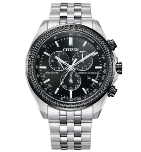 Citizen Relógio Cronógrafo Clássico Eco-Drive Masculino em Aço Inoxidável com Calendário perpétuo, Taquímetro, Mostrador preto