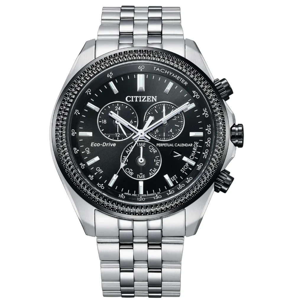 Citizen Relógio Cronógrafo Clássico Eco-Drive Masculino em Aço Inoxidável com Calendário perpétuo, Taquímetro, Mostrador preto
