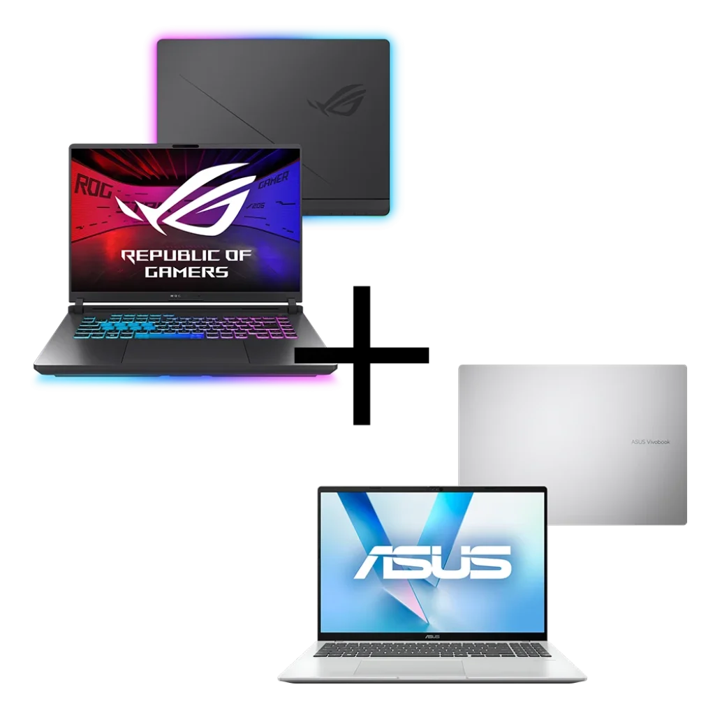 Combo Notebook Gamer ASUS ROG Strix G16 Nvidia RTX 5070 Intel Core i9 14900HX 32GB RAM 1TB SSD WINDOWS 11 Home Tela 16″ 240Hz LED Cinza – G615JPR-S5001W + Notebook ASUS Vivobook 16 – 16” FHD IPS , 16GB/1TB, Snapdragon® X1 26 100, NPU até 45TOPS – X1607QA-MB092W