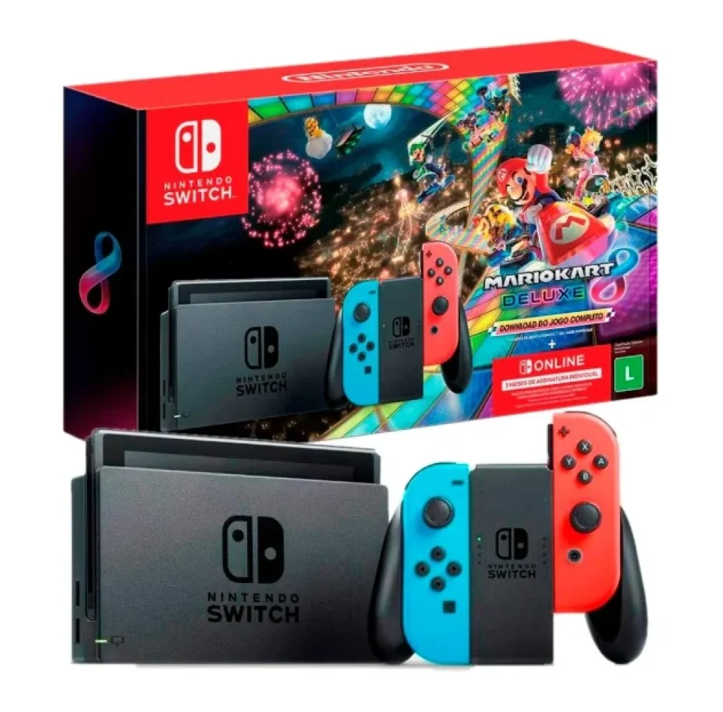 Console Nintendo Switch V2 + Joy-Con Neon + Mario Kart 8 Deluxe + 3 Meses de Assinatura Nintendo Switch Online, Azul e Vermelho – HBDSKABL2
