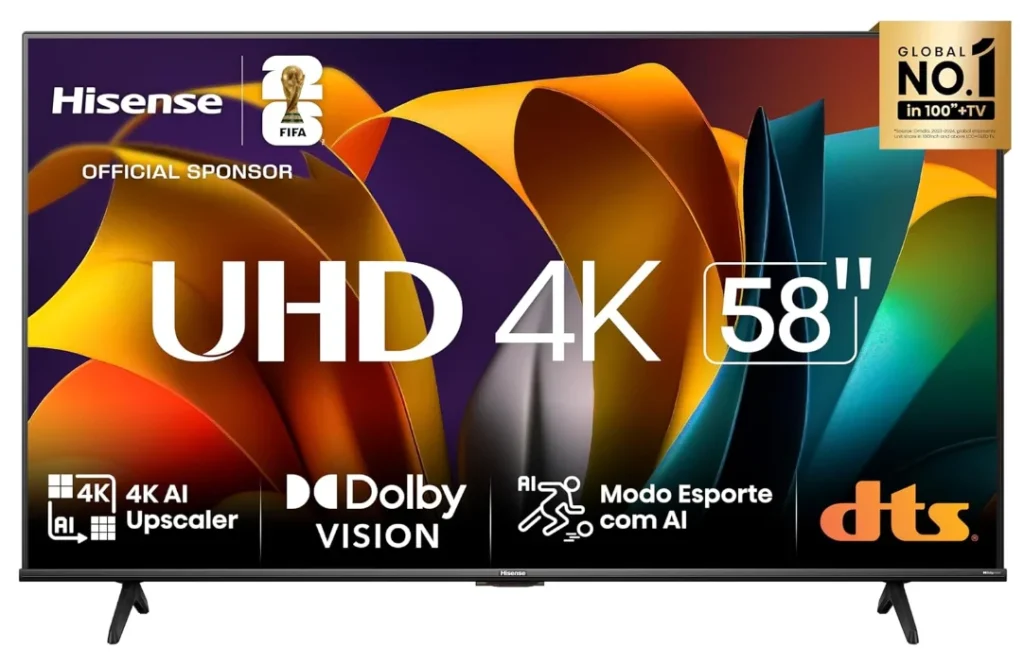Hisense Smart TV UHD 4K DLED 58 Polegadas A6N com HDR10+ 4K IA Upscaler Dolby Vision Game Mode Controle por Voz Alexa Built-In AirPlay – 58A6N