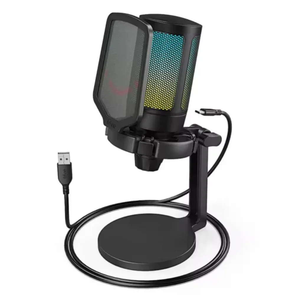 Microfone Condensador FIFINE A6NEO, RGB, USB, Quick Mute, Pop Filter, Controle De Ganho – Preto