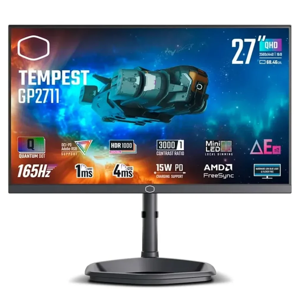 Monitor Gamer Cooler Master 27″, QHD, 165Hz, 1ms, VA, DisplayPort e HDMI, HDR1000, FreeSync, Ajuste de Altura, Som Integrado – GP2711