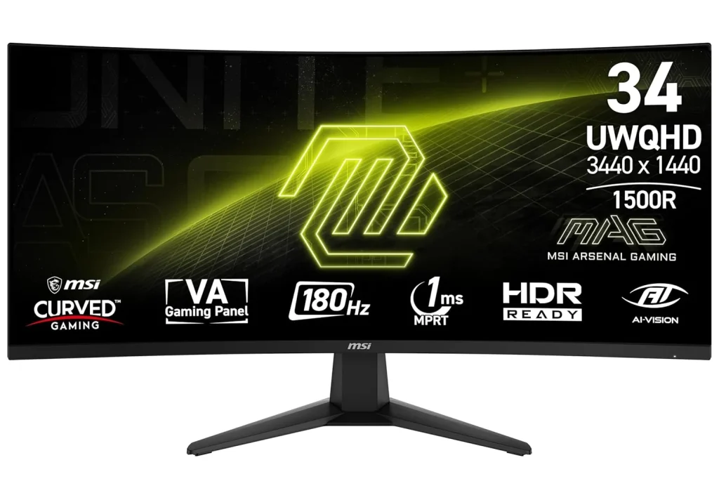 Monitor Gamer Curvo MSI 34″, QHD, UltraWide, 180Hz, 1ms, VA, Preto – MAG346CQ