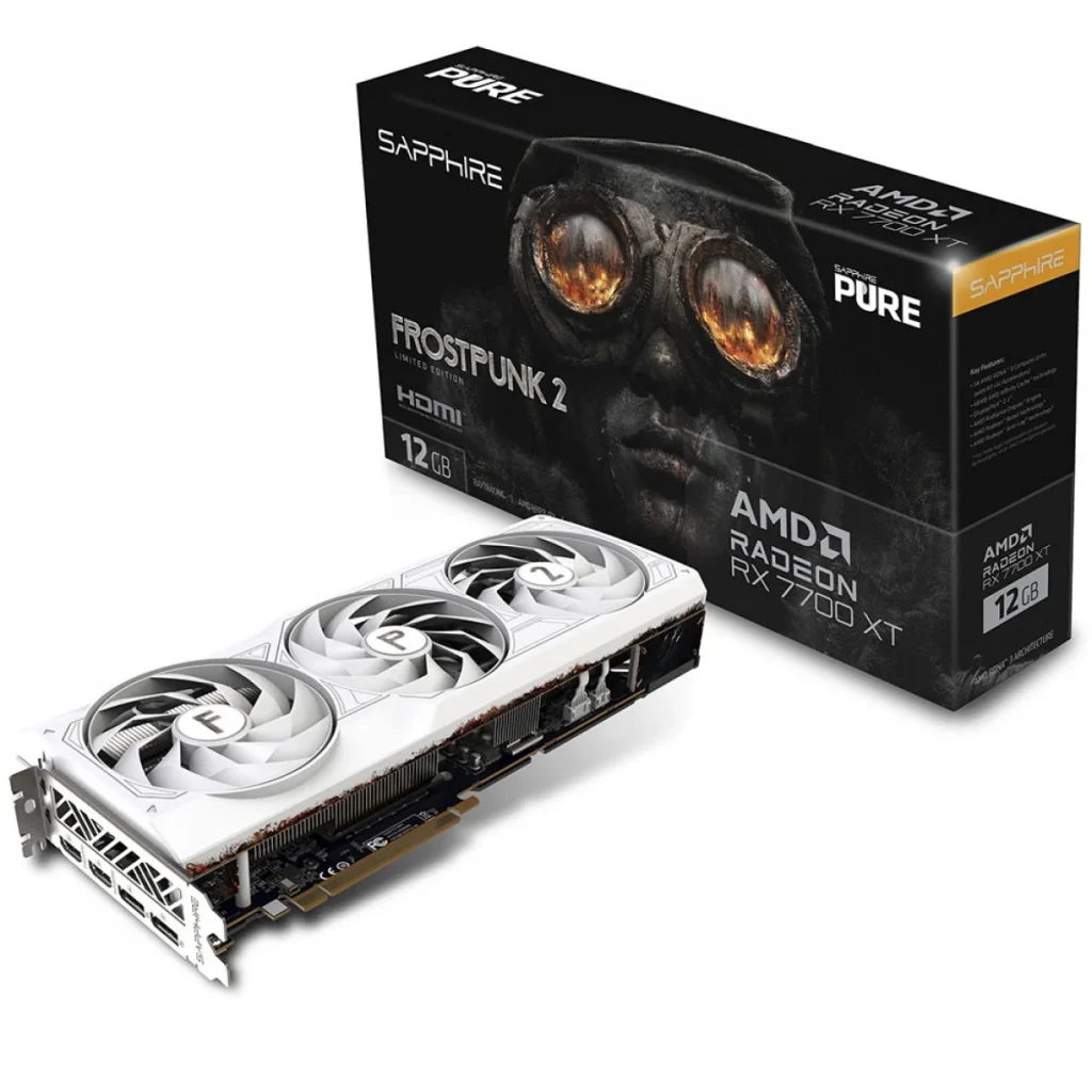 Placa de Vídeo AMD Sapphire Pure RX 7700 XT Frostpunk 2 Limited Edition, 12GB, GDDR6, Radeon, FSR, Ray Tracing, 11335-08-50G