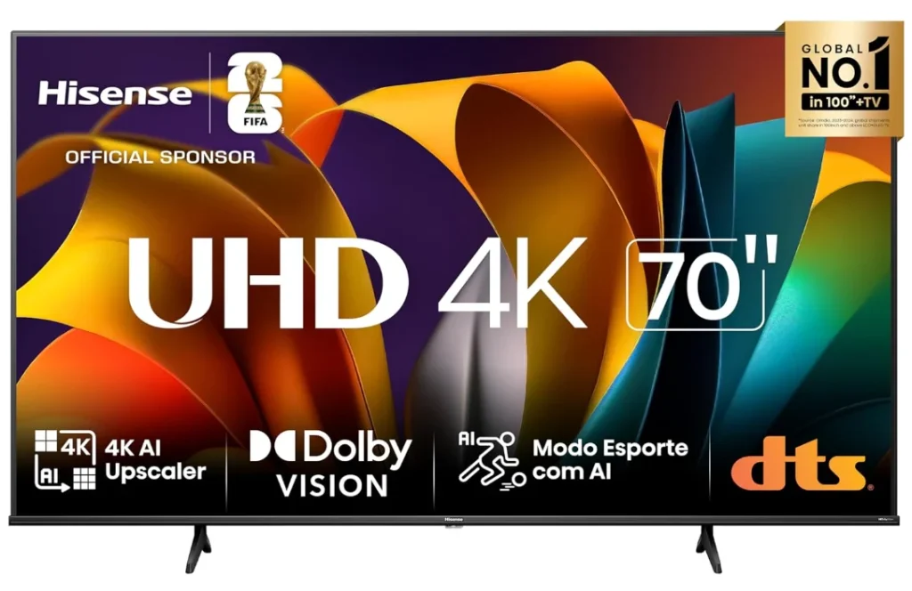 Smart TV Hisense 70″ UHD 4K DLED A6N com HDR10+ Dolby Vision, Game Mode, Controle por Voz, Alexa Built-In, AirPlay – 70A6N