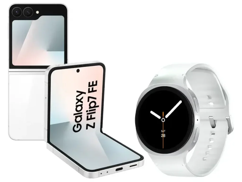 Combo Smartphone Samsung Galaxy Z Flip7 FE 128GB Branco – 5G + Smartwatch Galaxy Watch8 40mm Branco
