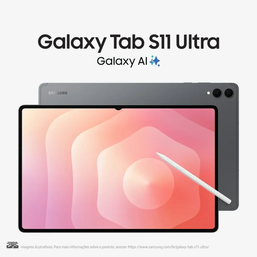 Tablet Samsung Galaxy Tab S11 Ultra, 512GB, 12GB RAM, WiFi, Tela 14.6″ AMOLED QHD+ 120Hz, Processador 3nm, 11,600mAh, Galaxy AI, S Pen e Capa Teclado Inclusas, IP68