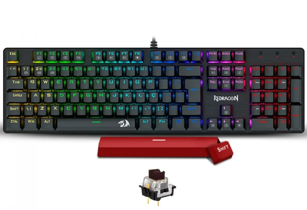Teclado Mecânico Gamer Redragon Sindri, Rainbow, SW-Brown, ABNT2, USB, Preto – K671 (PT-BROWN)