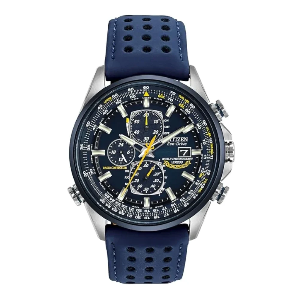 Citizen Relógio masculino Eco-Drive Sport Luxury World cronógrafo relógio atômico de relógio em aço inoxidável com pulseira de poliuretano azul, mostrador azul (modelo: AT8020-03L)