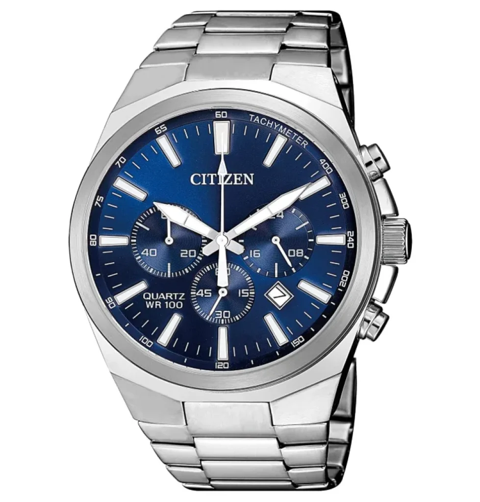 Citizen WR 100 – Relógio Masculino Clássico Cronógrafo de Quartzo, Aço Inoxidável, Pulseira de Prata, Mostrador Azul, Pulseira Clássica de Aço Inoxidável Com Cronógrafo de Quartzo Prateado