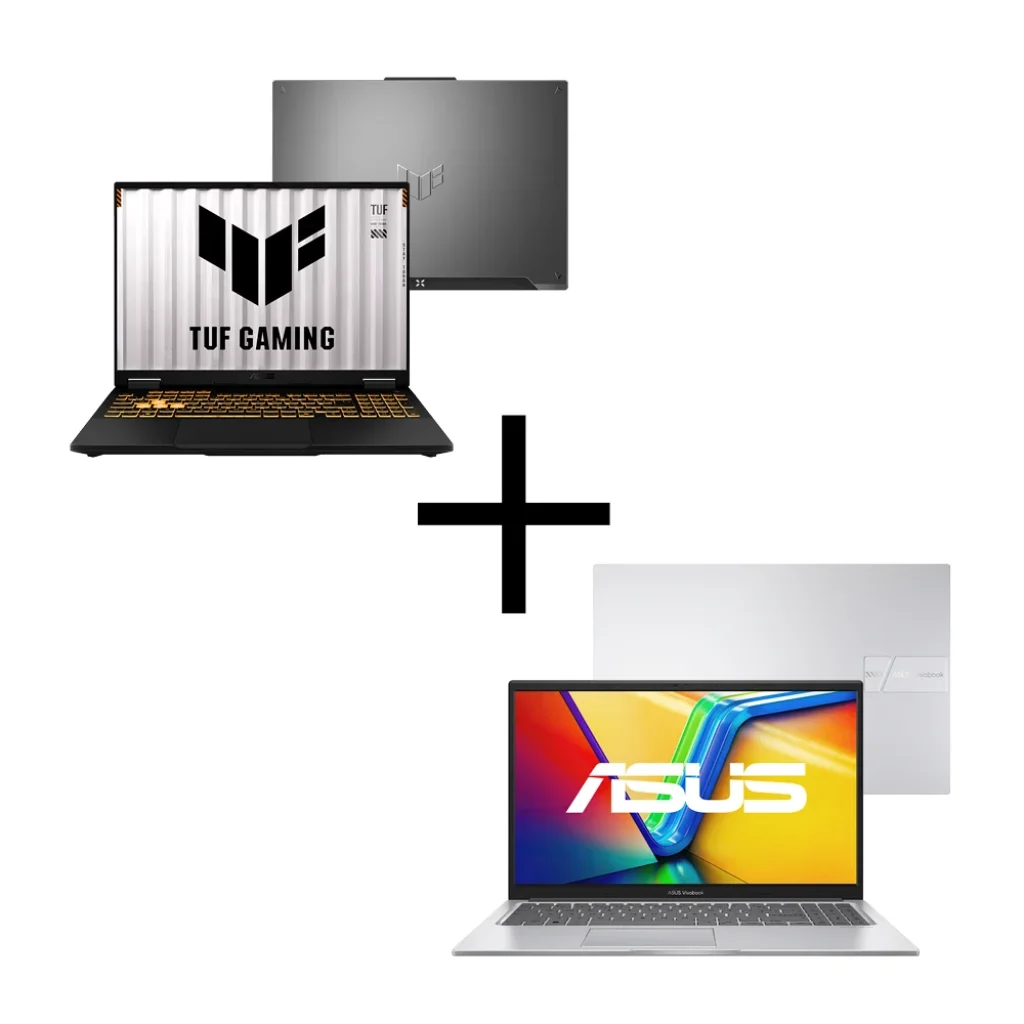 Combo Notebook ASUS TUF Gaming F16, Intel Core i7-14650HX, RTX™ 5050, 8GB, 512GB SSD, Linux, 16″ IPS FHD+ 165Hz – FX608JHR-RV019 + Notebook ASUS Vivobook 15, i5 1334U, 8GB RAM, 512GB SSD, 15,6″ FHD IPS, W11 – X1504VA-NJ1740W