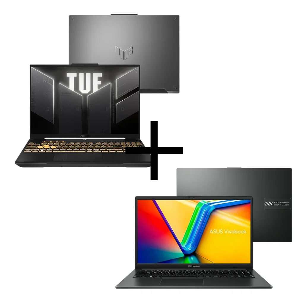 Combo Notebook ASUS TUF Gaming F16 – RTX 3050 + Core 5 210H, 8/512GB, Linux – FX607VJ-RL002 + Notebook ASUS Vivobook Go 15, 4GB RAM, 128GB SSD, Ryzen 3-7320U, 15,6″ FHD, Linux – E1504FA-NJ1291