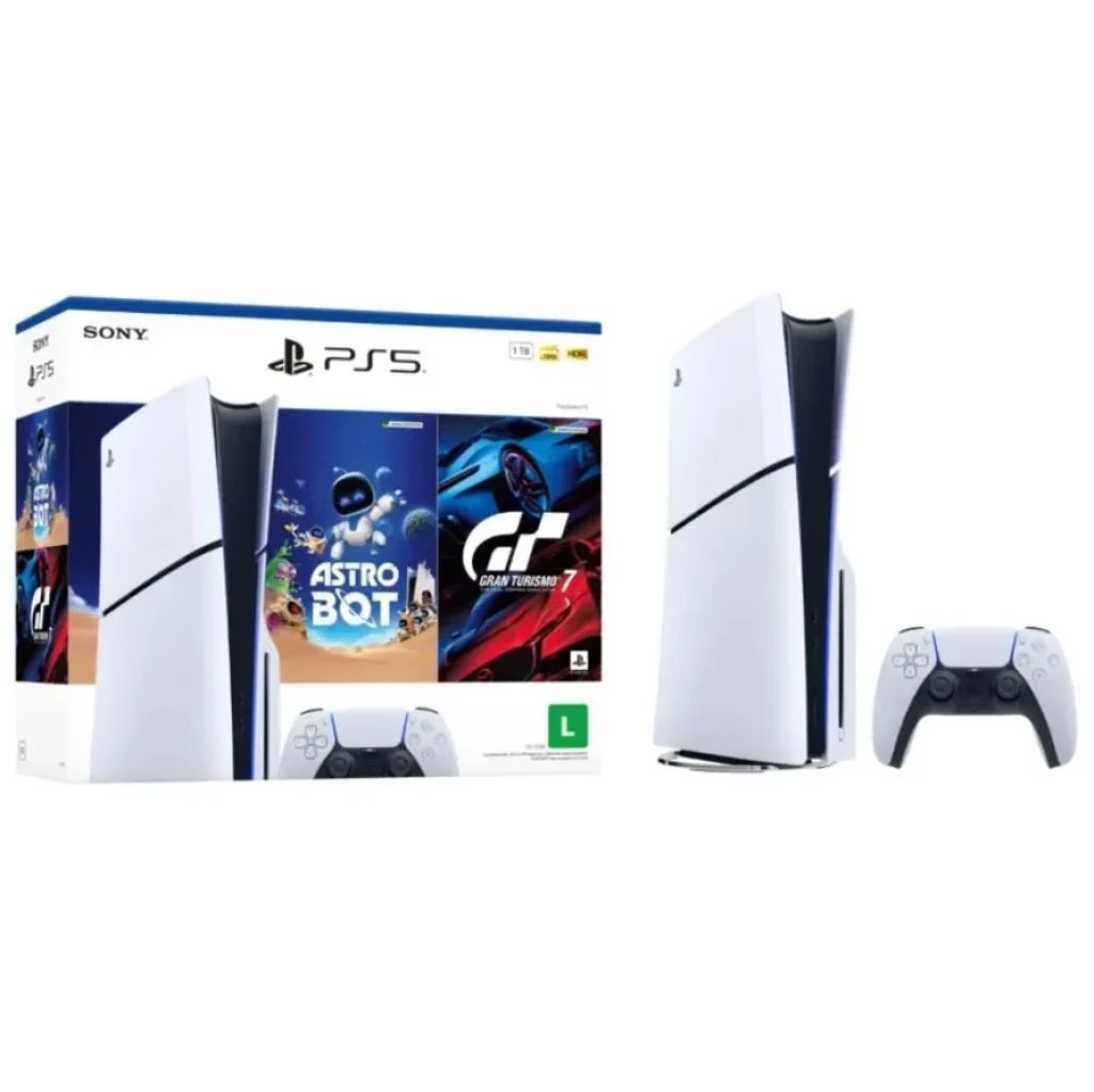 Console Sony Playstation 5 Digital Slim Disk 1TB – Bundle Gran Turismo 7 e Astro Bot + Controle Sem Fio Dualsense Branco