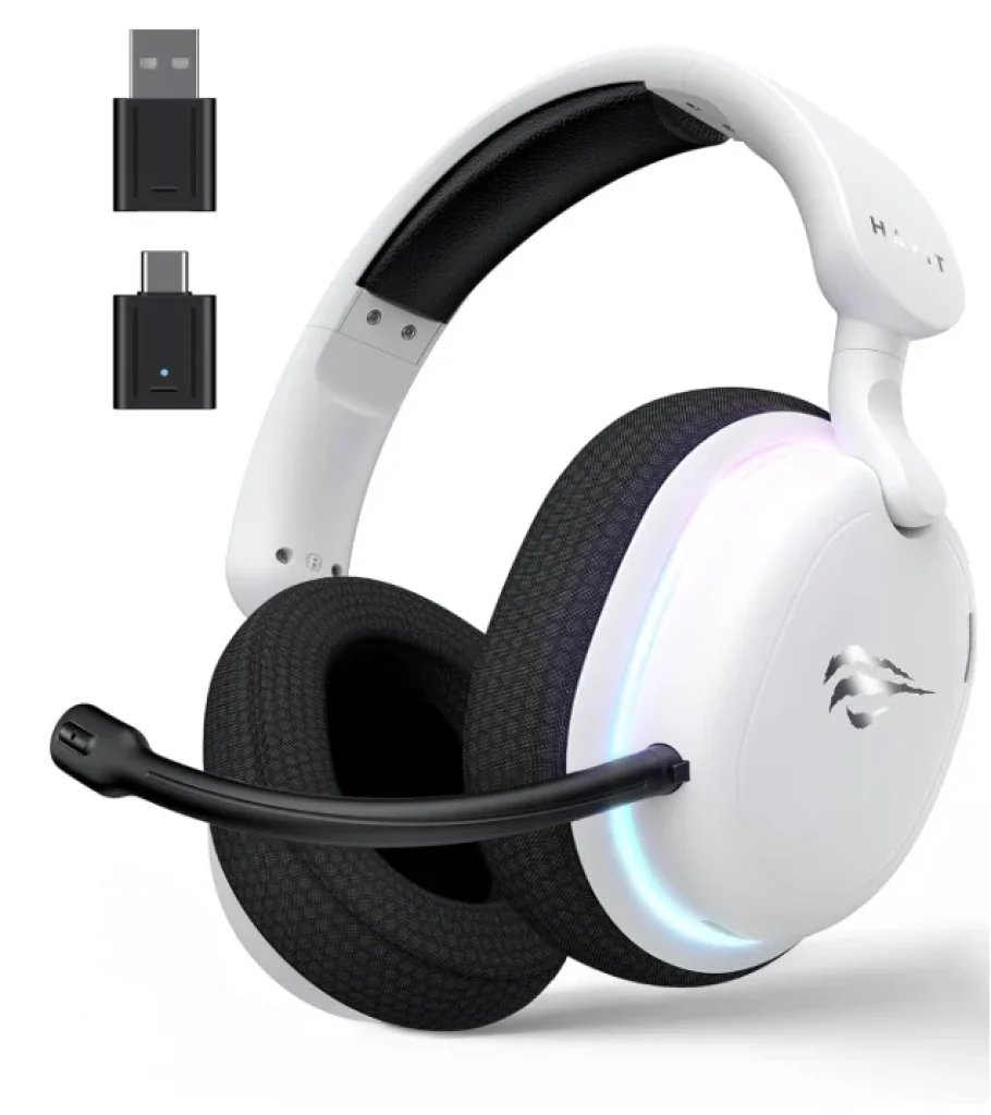 Fone de Ouvido Gamer Havit Fuxi-H7 – Five-Mode White Black, Wireless 2,4GHz, Bluetooth 5.2, USB-C e USB-A, Cabo 3,5mm, 7.1, Falante de 40 mm, Microfone Destacável com Cancelamento de Ruído