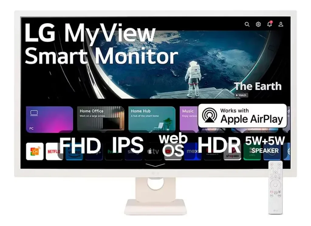 Monitor LG MyView Smart – Tela IPS de 32”, FHD, WebOS, ThinQ Home, Air Play 2, Screen Share, Bluetooth – 32SR50F-W