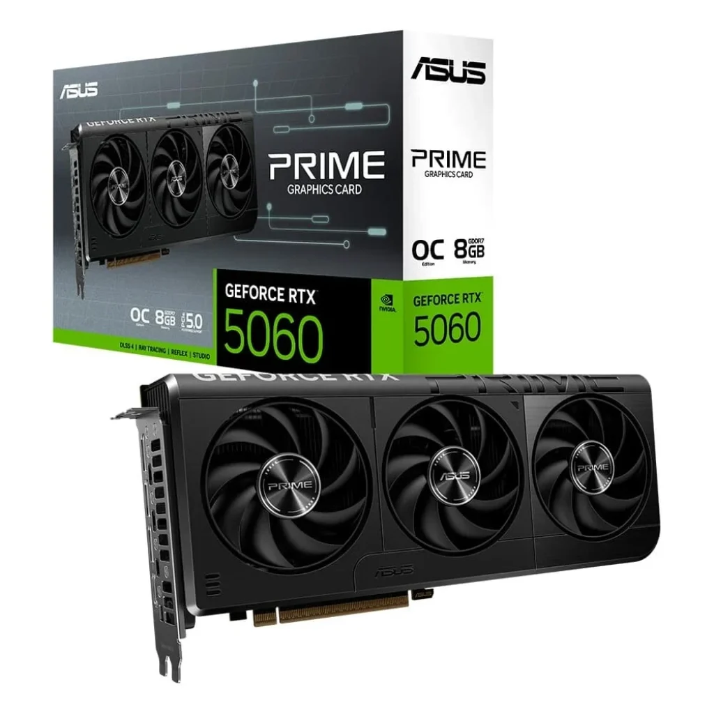 Placa de Vídeo ASUS PRIME RTX 5060 OC NVIDIA GeForce, 8GB GDDR7, 2595MHz, 128 bits, DLSS 4, Triple Fan, Ray Tracing – PRIME-RTX5060-O8G