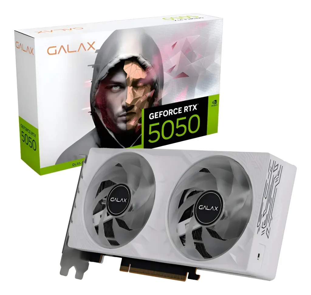 Placa de Vídeo Galax RTX 5050 1-Click OC White, NVIDIA Geforce, 8GB, GDDR6, 128-bits, Ray Tracing, DLSS 4 – 55NSL8MHCZBS