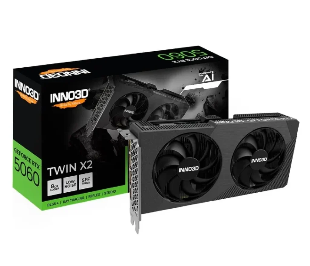 Placa de Video Inno3D RTX 5060 Twin X2 NVIDIA Geforce, 8GB, 128bits, 2497MHz, FP4 e DLSS 4, Ray Tracing – N50602-08D7-195071N