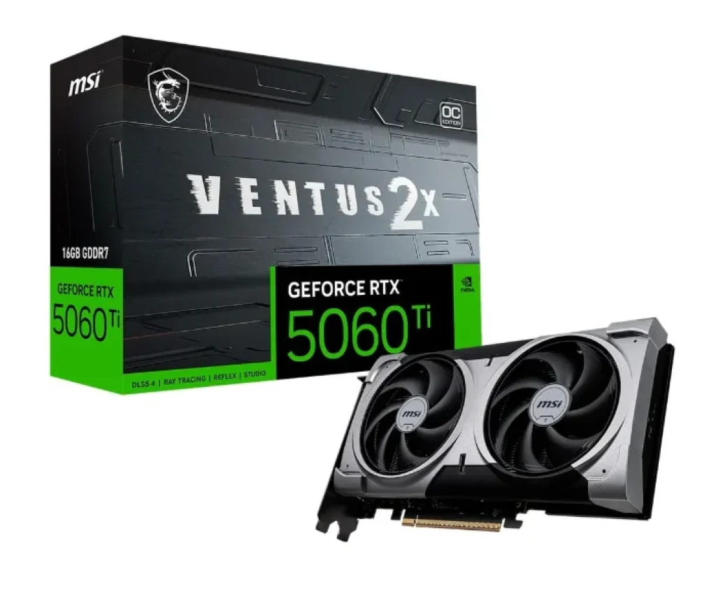 Placa de Vídeo MSI RTX 5060 Ti 16G VENTUS 2X OC PLUS NVIDIA GeForce, 16GB GDDR7, 2617 MHz, FP4 and DLSS 4, Ray Tracing – G506T-16V2CP