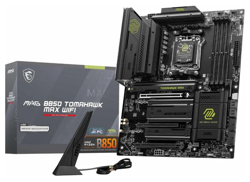 Placa-mãe MSI MAG B850 Tomahawk MAX WiFi V1, ATX – Suporta processadores AMD Ryzen 9000/8000/7000, AM5-80A SPS VRM, DDR5 Memory Boost 8400+ MT/s (OC), PCIe 5.0 x16, M.2 Gen5, Wi-Fi 7, 5G LAN
