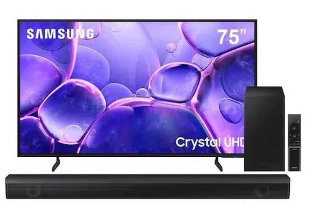 Samsung Smart TV 75″ Crystal UHD 4K U8100F 2025, Xbox Cloud Gaming, TV Plus com Canais Gratuitos, Alexa – 75U8100F + Soundbar HW-B450F
