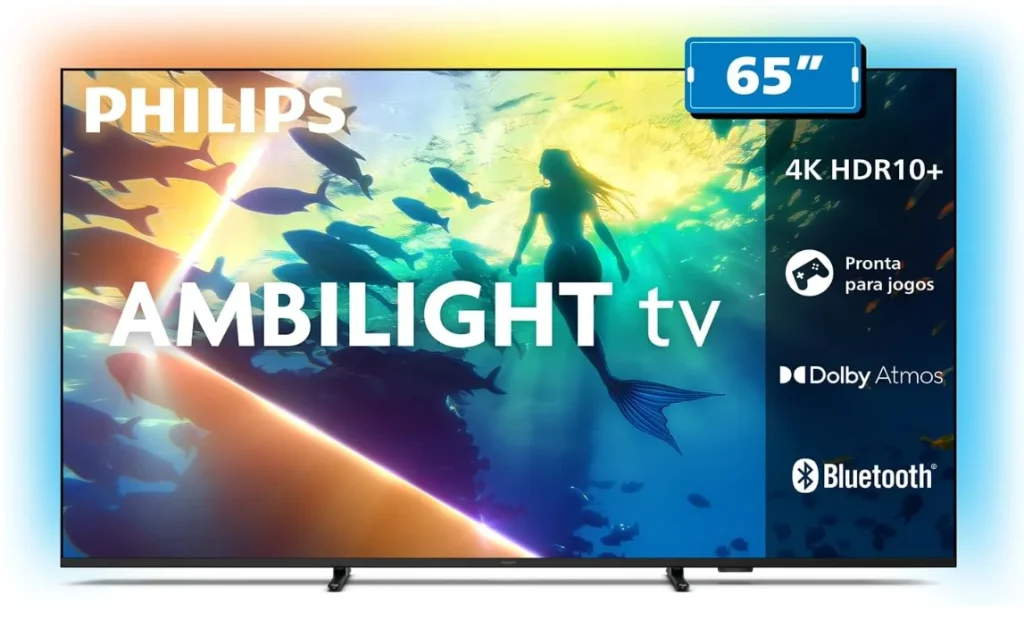 Smart TV PHILIPS 65″ 4K Ambilight (2025) Google TV, 60Hz, Comando de Voz, HDR10+/Dolby Atmos, VRR/ALLM, Bluetooth – 65PUG8100/78